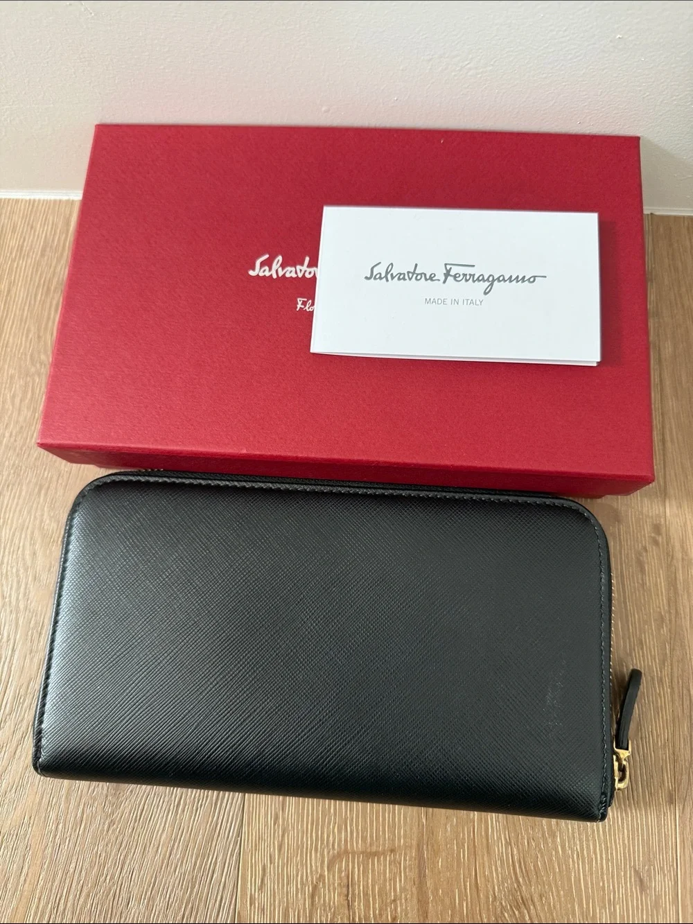 Salvatore Ferragamo Black Saffiano Leather Zip Lond Wallet